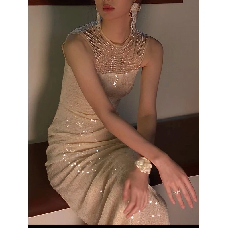白色亮片闪闪珍珠法式小礼服裙高级感连衣裙女生日party领证订婚