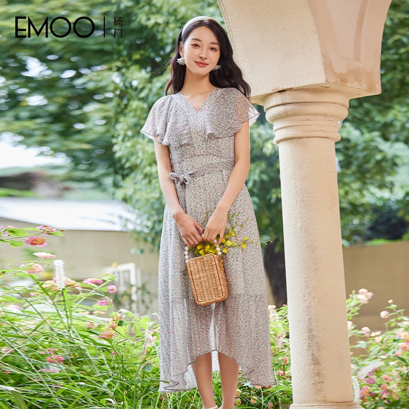 EMOO/杨门V领长裙印花连衣裙修身名媛复古长款碎花裙E24L026441