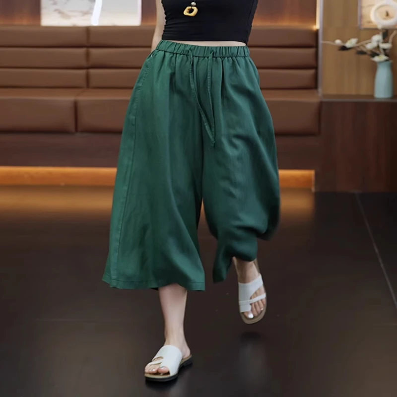 天丝亚麻夏季薄款冰丝裙裤女士垂感2025新款小个子休闲八分阔腿裤