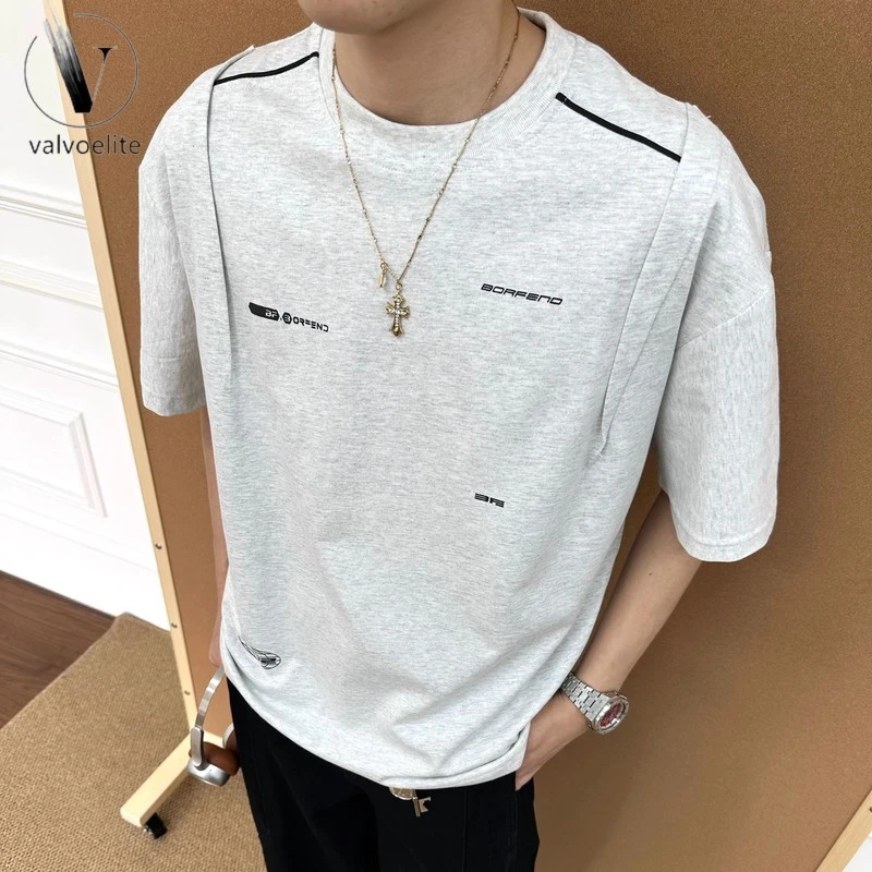 VALVOELITE美式复古拼接打褶字母印花宽松克短袖T恤圆领男女夏