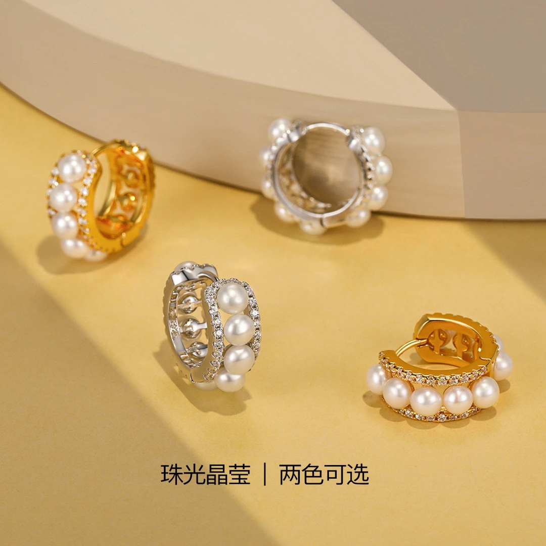 BRI.R/佰色传情 925银合成锆石耳饰 通体S925银简约气质耳扣耳环