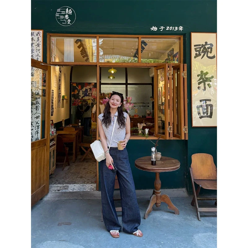 减龄穿搭夏季2025新款高级感针织翻领无袖上衣高腰垂感直筒裤套装