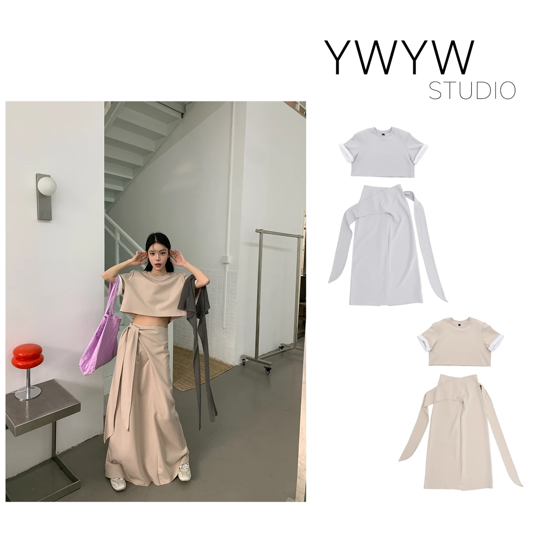 【YWYW25S/S】纯色卷边圆领短袖体恤+高腰开衩设计绑带长裙套装5051