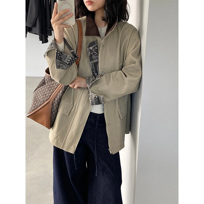 韩系拼接工装秋装风衣外套女中长款小个子上衣宽松时尚百搭韩版