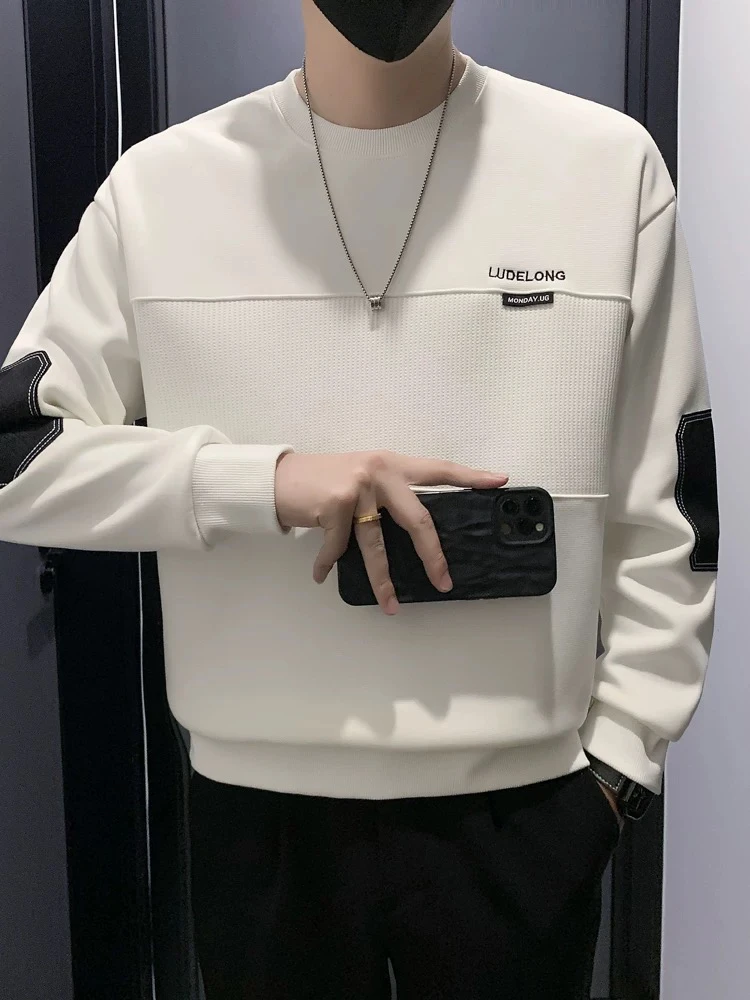 秋冬款休闲针织拼接卫衣男士青年贴布撞色上衣外套宽松圆领打底衫