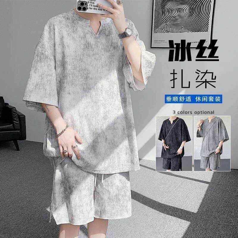 套装男宽松大码短袖冰丝 套装纹理感扎染男宽松短袖短裤两件套