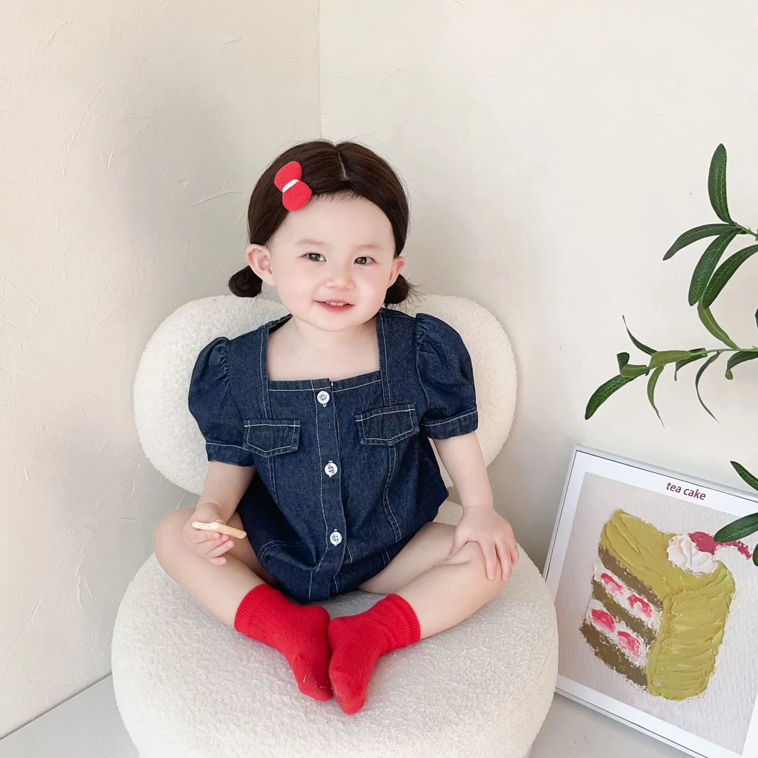 6900夏装新款韩版婴幼儿童软牛仔包屁哈衣女童小方领连衣裙姐妹装