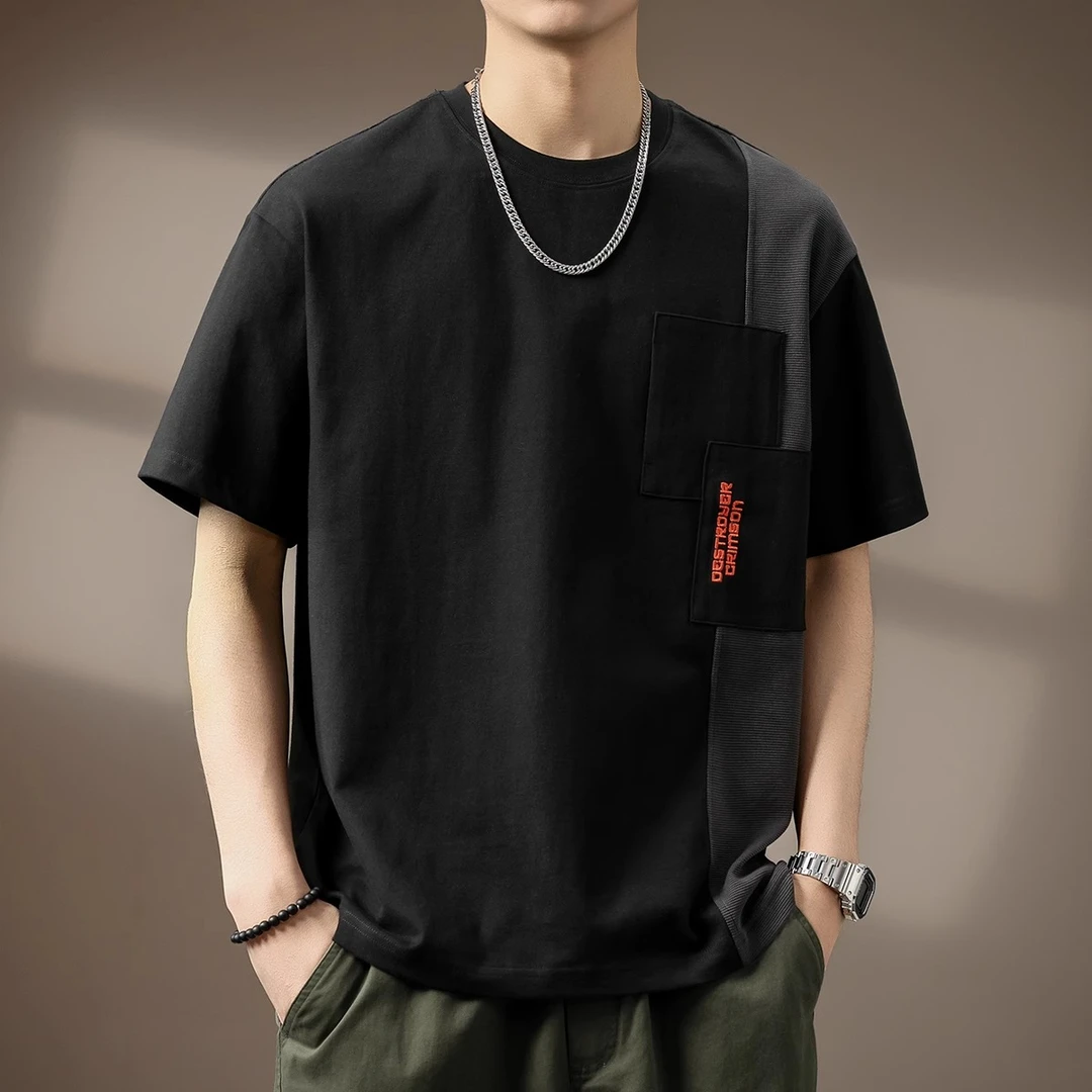 Cebrodz高端纯棉撞色拼料短袖T恤男夏季潮牌美式重磅宽松大码体恤