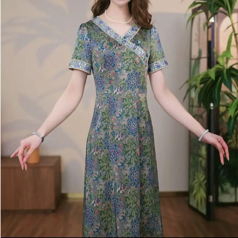 A2833新中式显瘦气质复古优雅中长款裙子 1