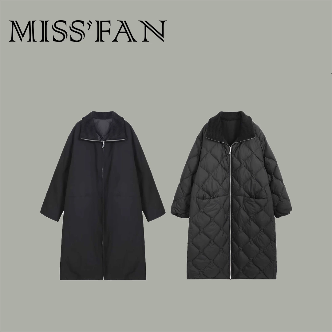 「长款中空纱」正反两面可穿立领宽松直筒长款鹅绒羽绒服