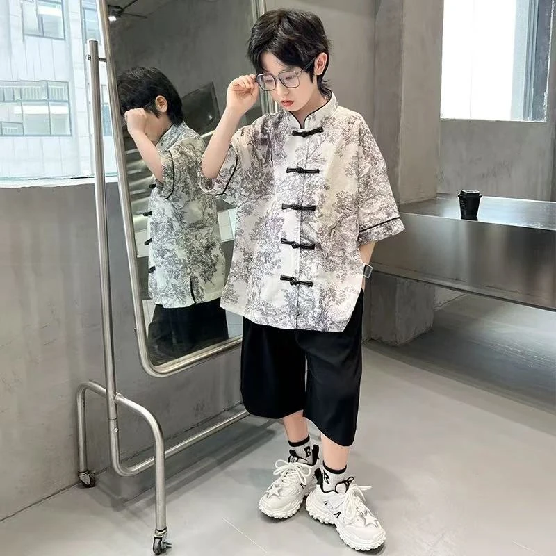 502772童装男童套装2025春季新中式洋气潮酷衬衫短裤两件套套装