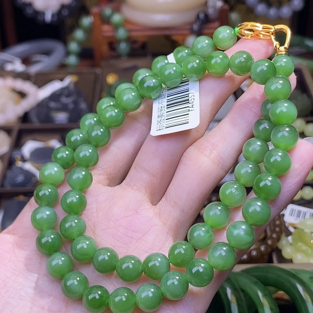 和田玉手镯未镶嵌碧玉银镶绿猫眼妈妈链8MM