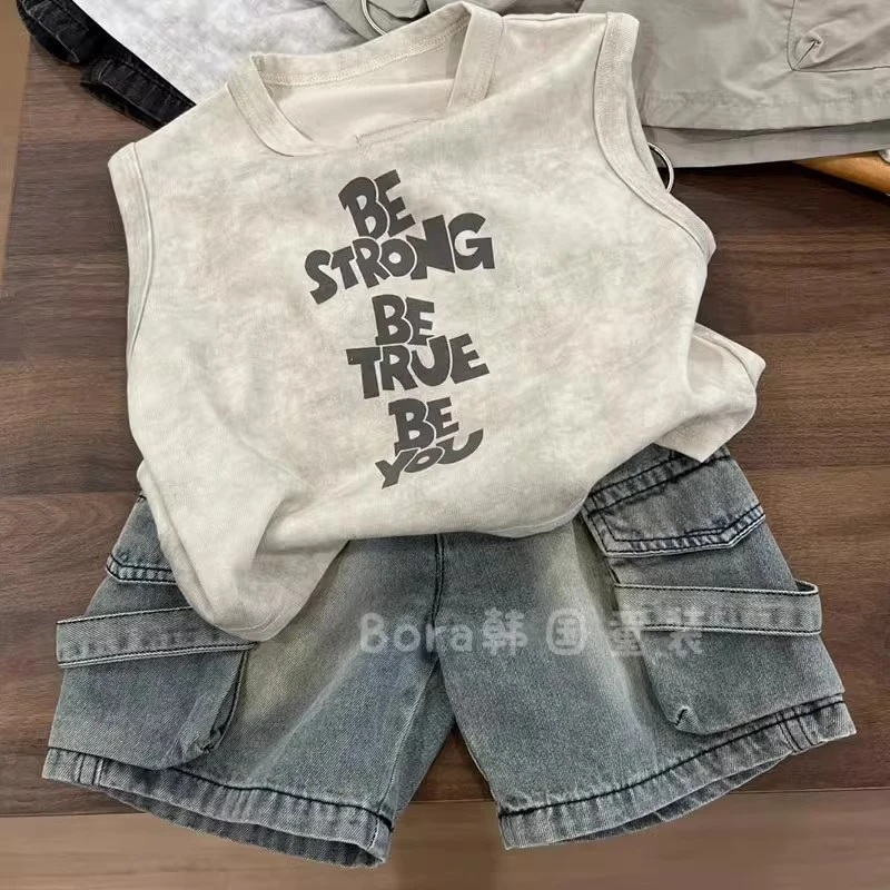 男童夏装套装2025新款痞帅网红炸街儿童薄款字母背心男孩工装裤潮