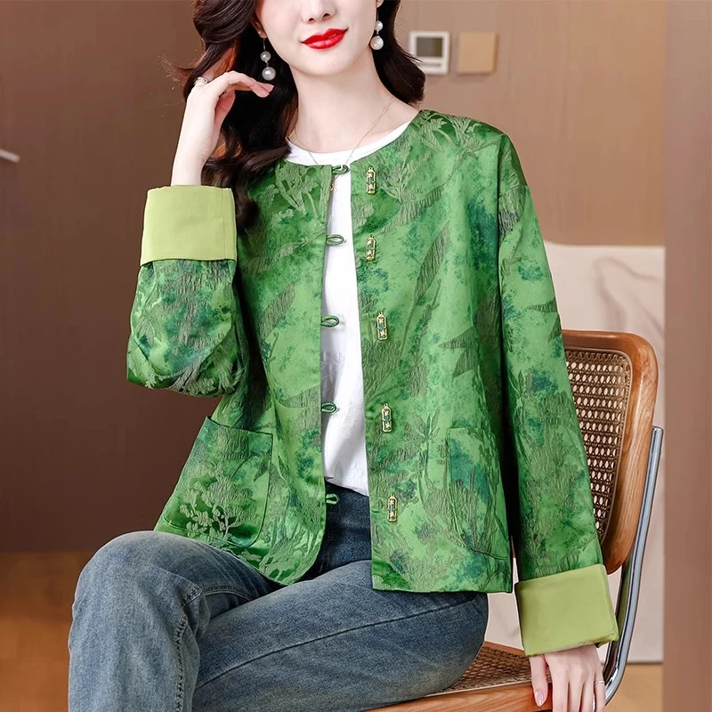 新中式国风长袖开衫外套女春秋季新款高级感提花改良唐装圆领上衣