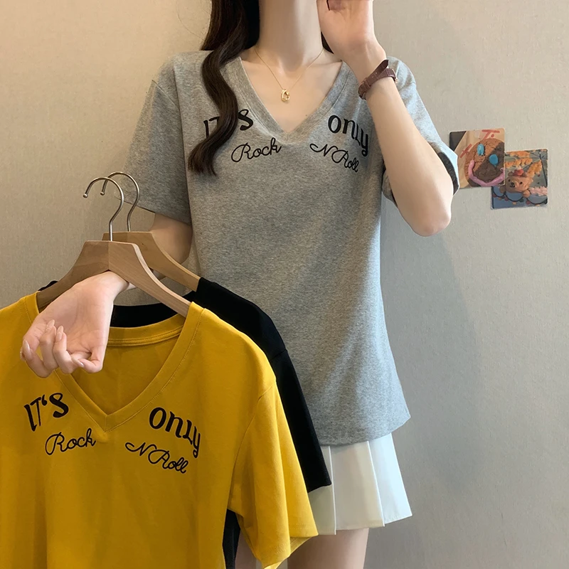 大码胖MM美式辣妹v领字母印花短袖T恤女夏季新款宽松显瘦时尚上衣