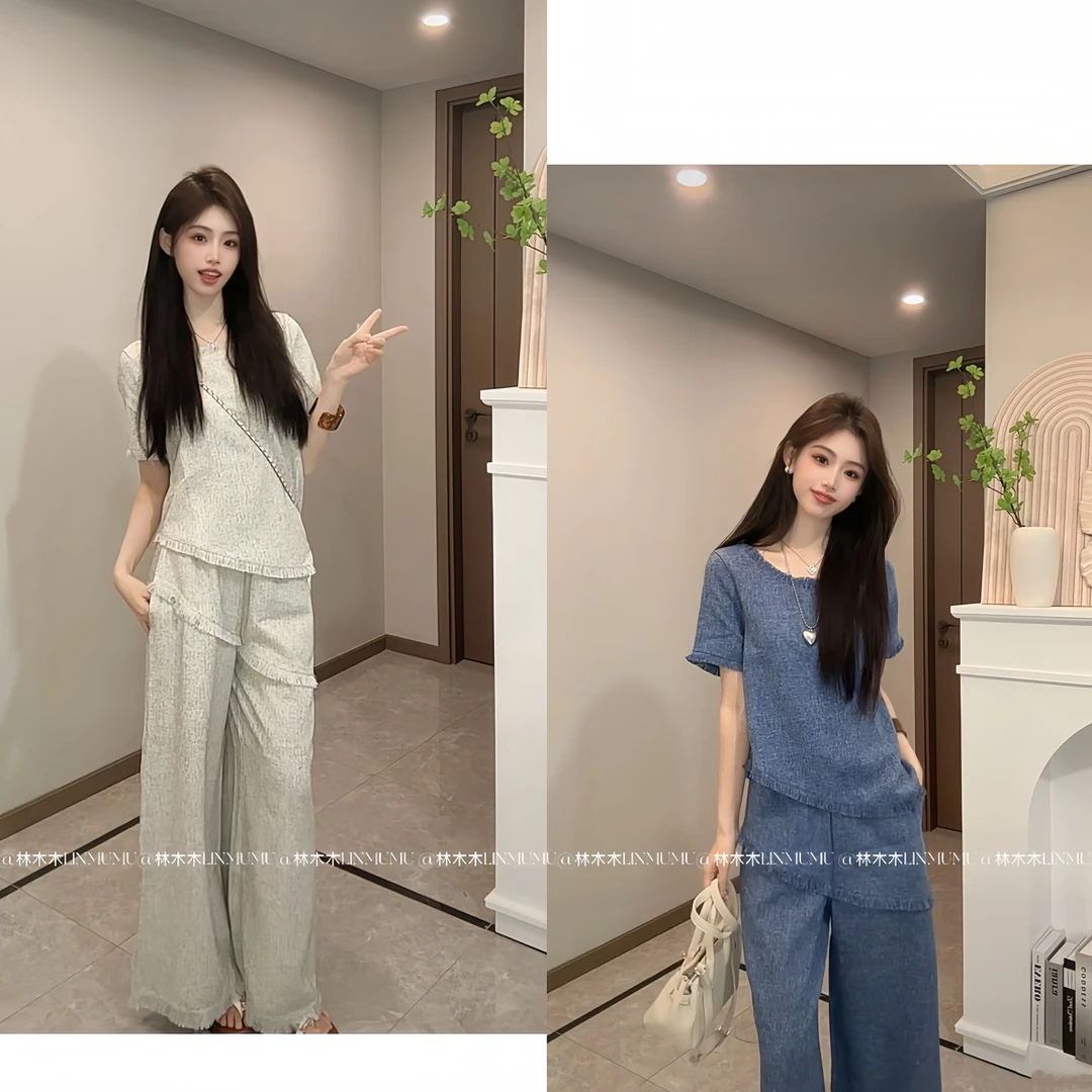 现货/善雅超显瘦 #3136宽松重工流苏上衣+长裤夏季休闲两件套