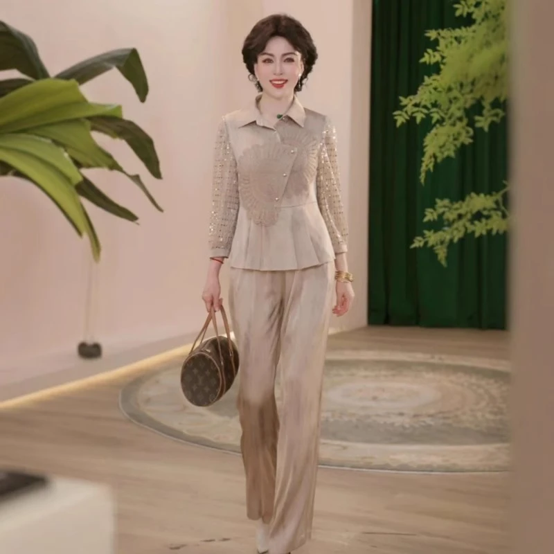 2025新款夏季妈妈装时尚长袖套装洋气中年女装气质上衣裤子两件套