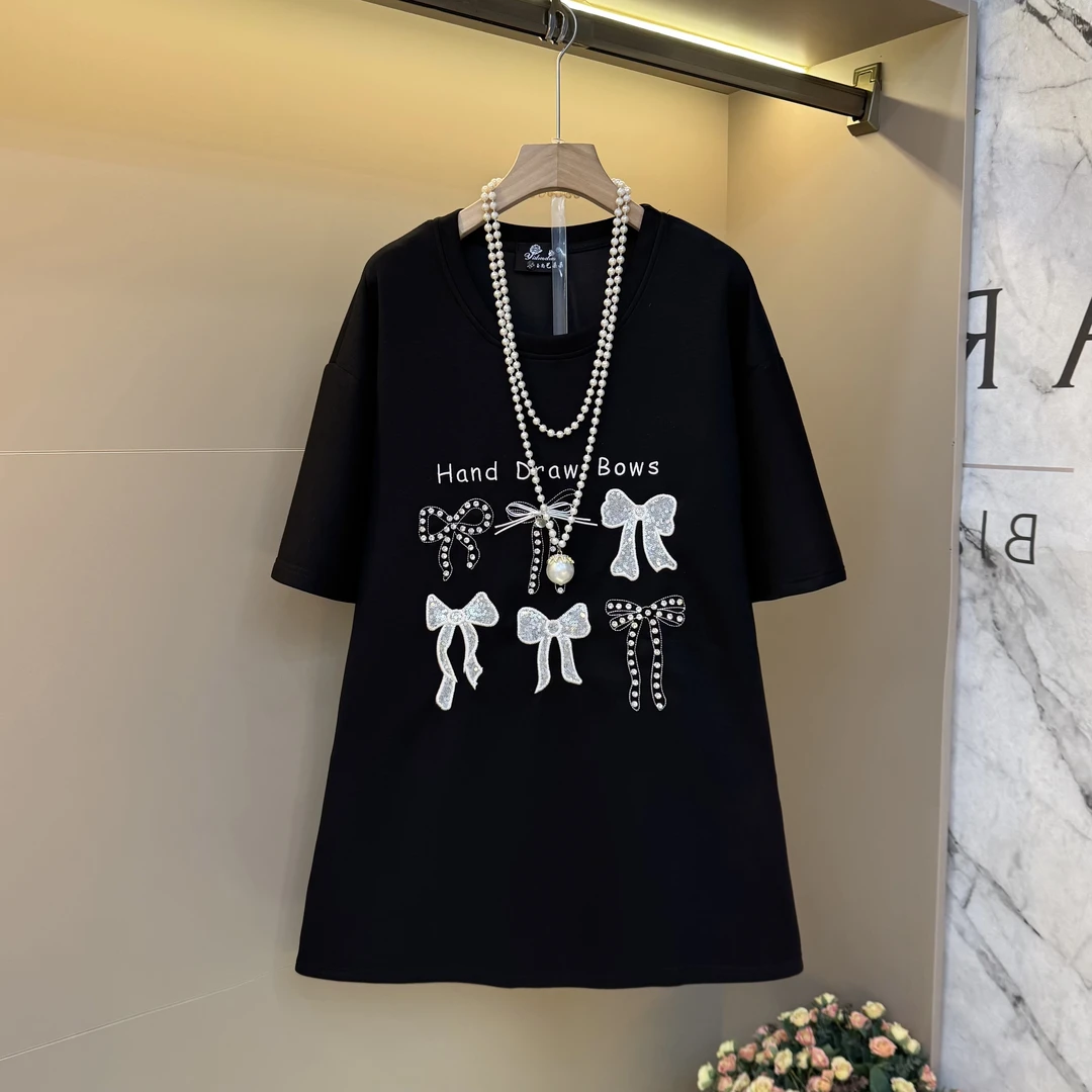 2025夏季新款韩版宽松设计感印花蝴蝶结圆领气质百搭上衣8516