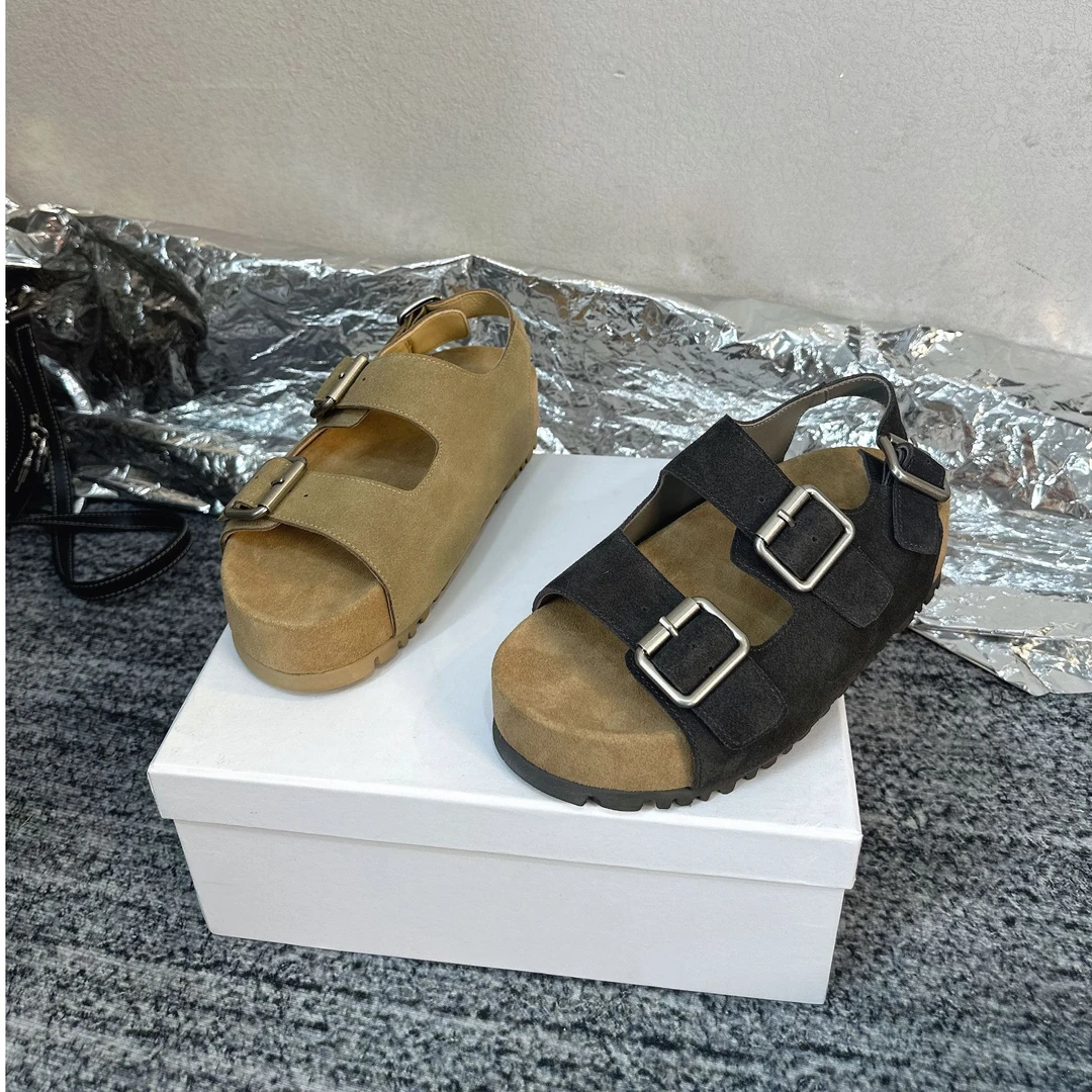 欧货高品质同款2025夏季真皮一字扣凉鞋女外穿厚底露趾轻便百搭