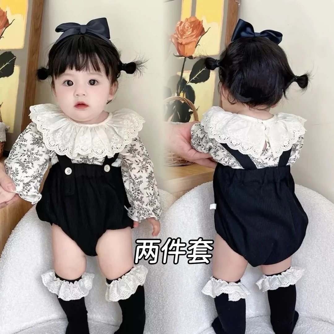 婴儿衣服套装女宝宝碎花背带包屁衣春秋季女童衬衫连体哈衣两件套