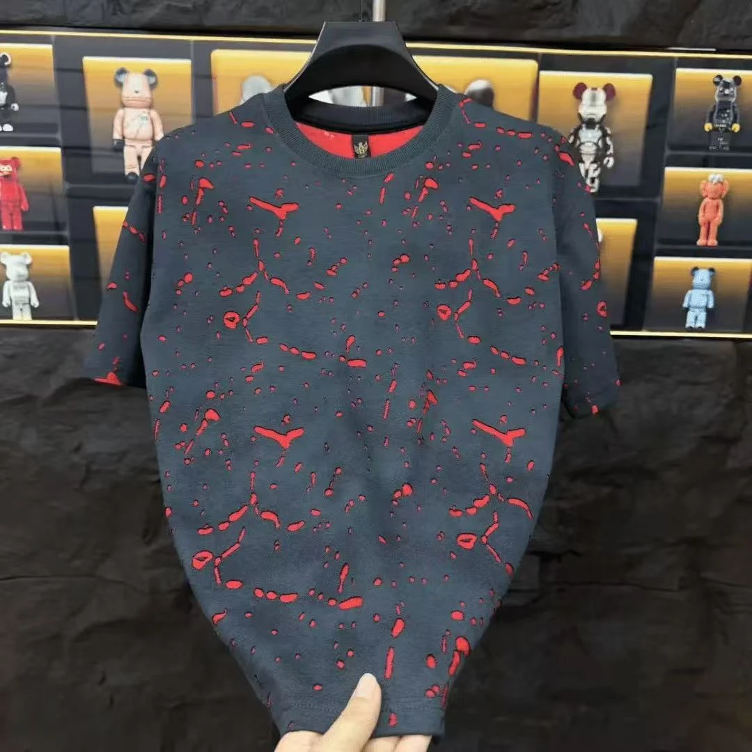 2025时尚夏季新款圆领短袖T恤男士美式高街设计宽松百搭破洞上衣