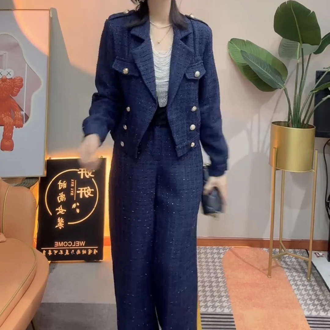 秋季气质小香风亮丝拼接翻领长袖上衣搭配长裤套装