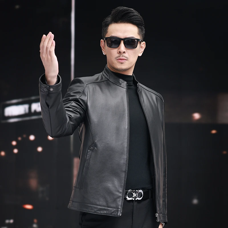 VBA 2820 YZX 牛皮立领绵羊毛内胆时尚修身海宁真皮皮衣外套男