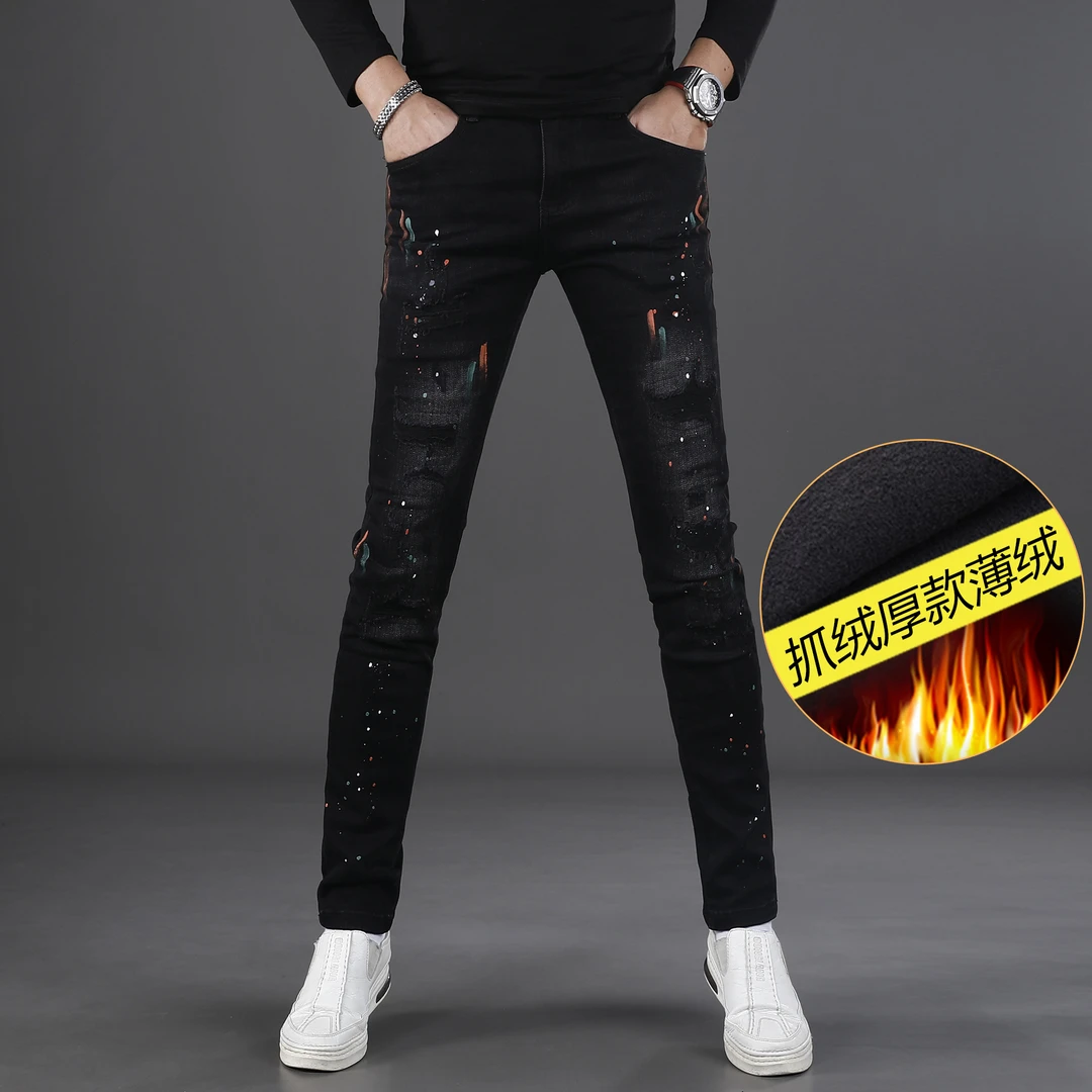 破洞黑色男士牛仔裤男款爆款2025新款秋冬修身小脚弹力薄绒裤子男