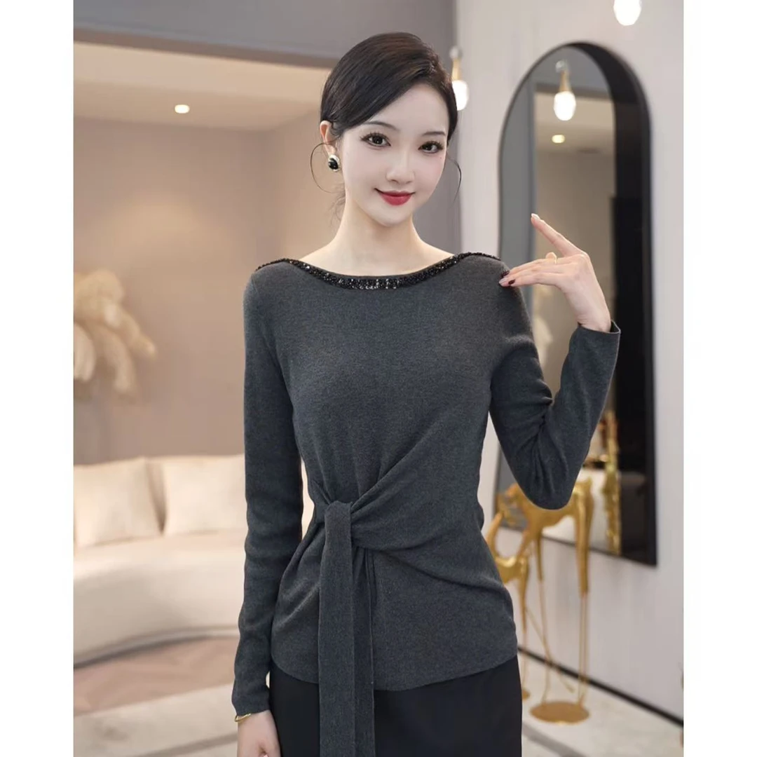 2025年秋冬新款【8024】含绵羊毛优雅系带收腰设计长袖圆领针织毛衣