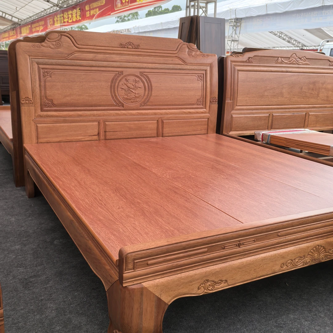 榫卯结构雕刻实木床新中式婚床大床成套茶几