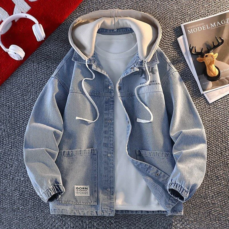 2025春季新款男生港风宽松连帽牛仔夹克初高中学生大童帅气外套