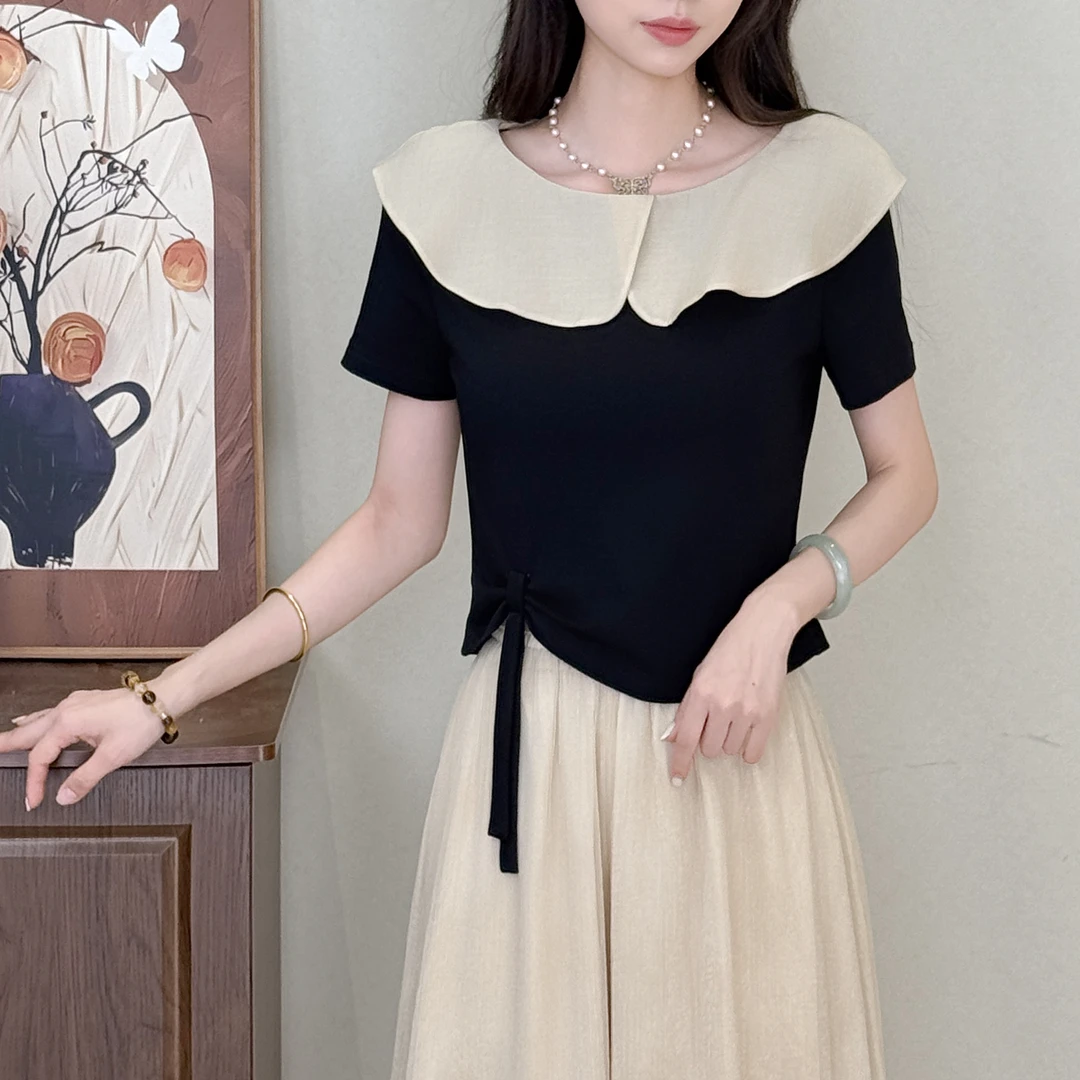 拼接亲肤女夏季一字肩娃娃领荷叶边显瘦法式洋气减龄款短袖上衣