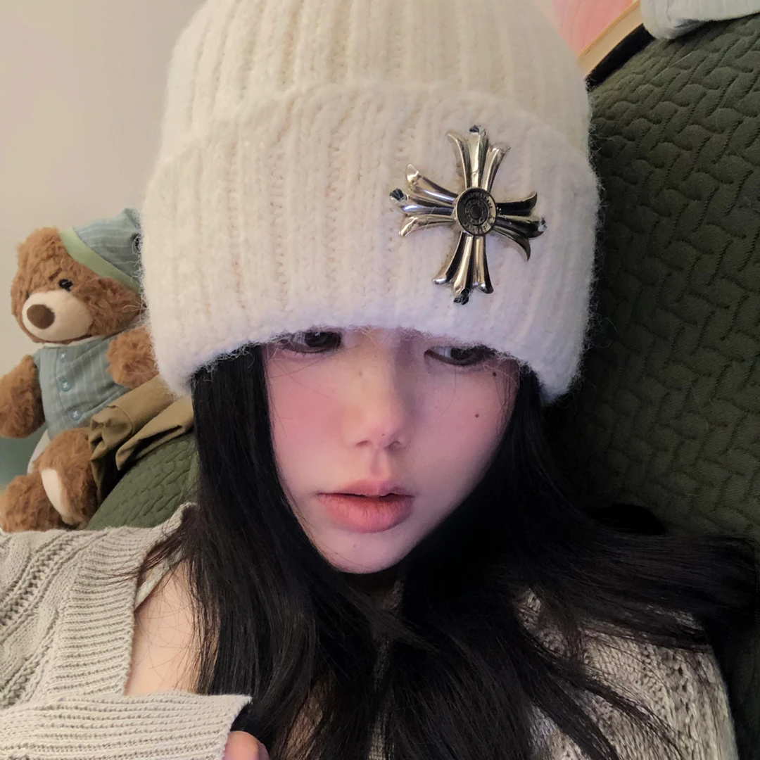 韩系复古十字架针织冷帽女秋冬新大头围显脸小保暖包头帽毛线帽潮