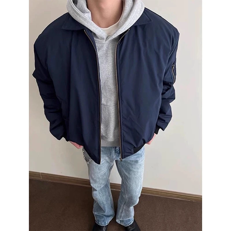 藏蓝色美式飞行夹克外套男款春秋季痞帅高级感cleanfit翻领棒球服