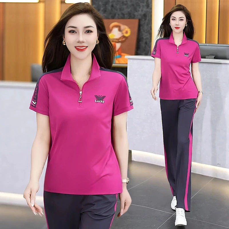 运动套装女夏季2025新款时尚洋气大码减龄短袖长裤休闲跑步两件套