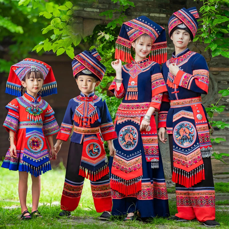 广西壮族服装新款少数民族舞蹈亲子演出服三月三舞台男女童成人女