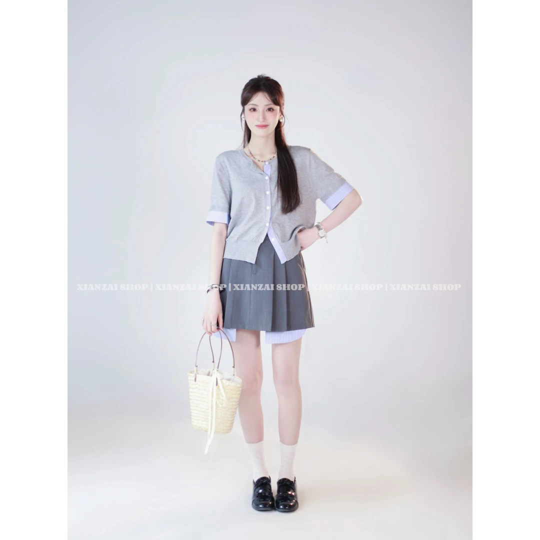 XIANZAI【校花】夏季新款莱赛尔清凉拼接针织短袖西装短裙两件套装