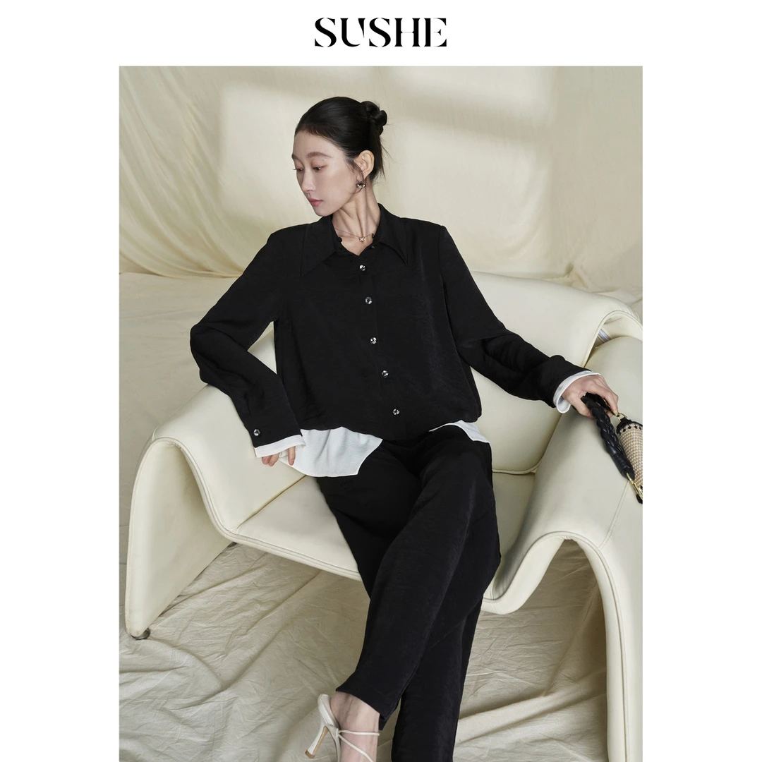 束皙SUSHE 漫步 拼接撞色宽松可拆翻领衬衫黑色阔腿裤套装女春季