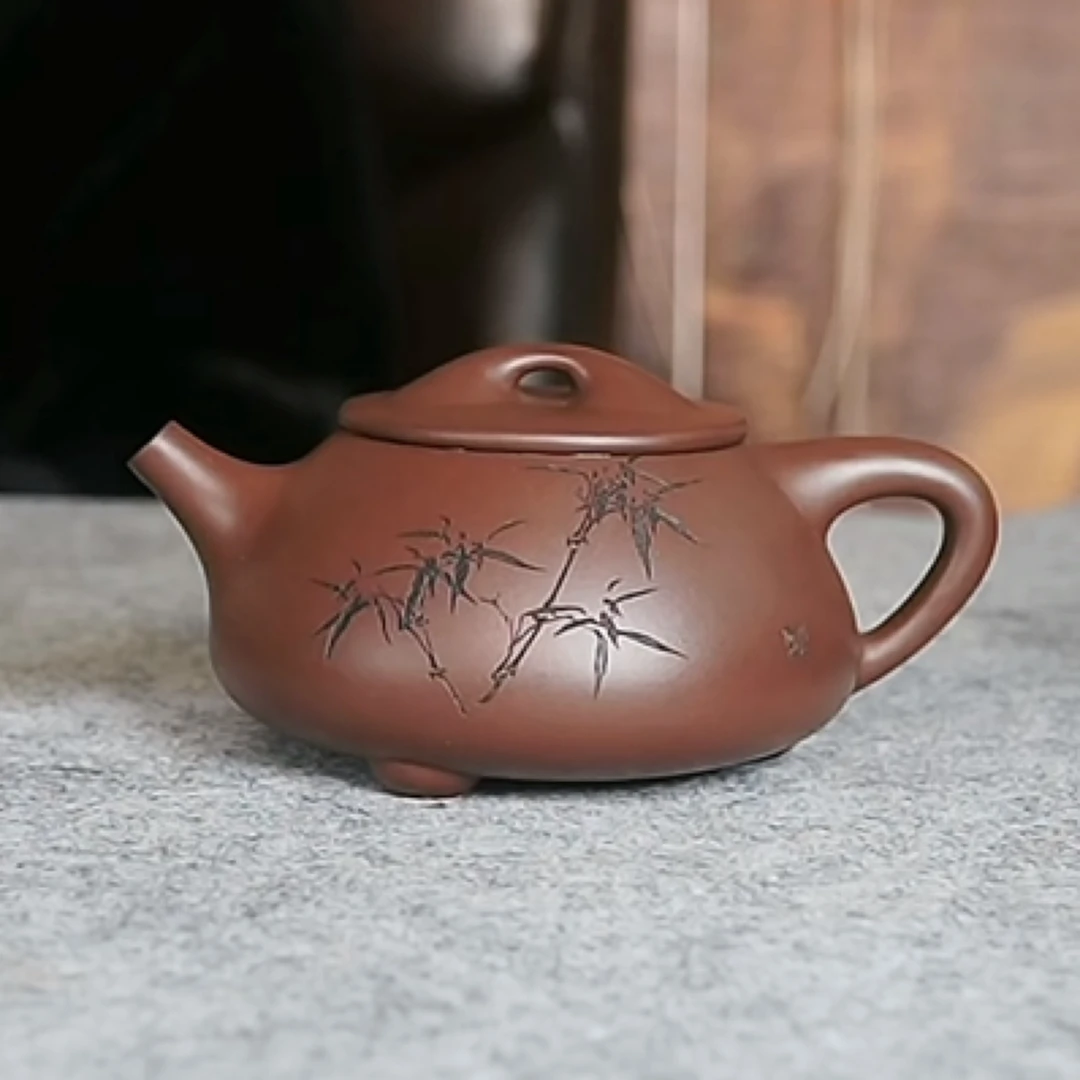 满瓢紫砂壶 老紫泥泥 300毫升 金石刻绘:竹