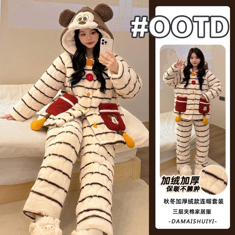 2025冬季小熊加绒加厚纽扣连帽三层夹棉保暖设计感睡衣家居服套装