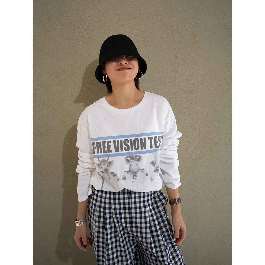 字母印花 肌理质感竹节棉 女款宽松圆领长袖中长白色休闲T恤AB401