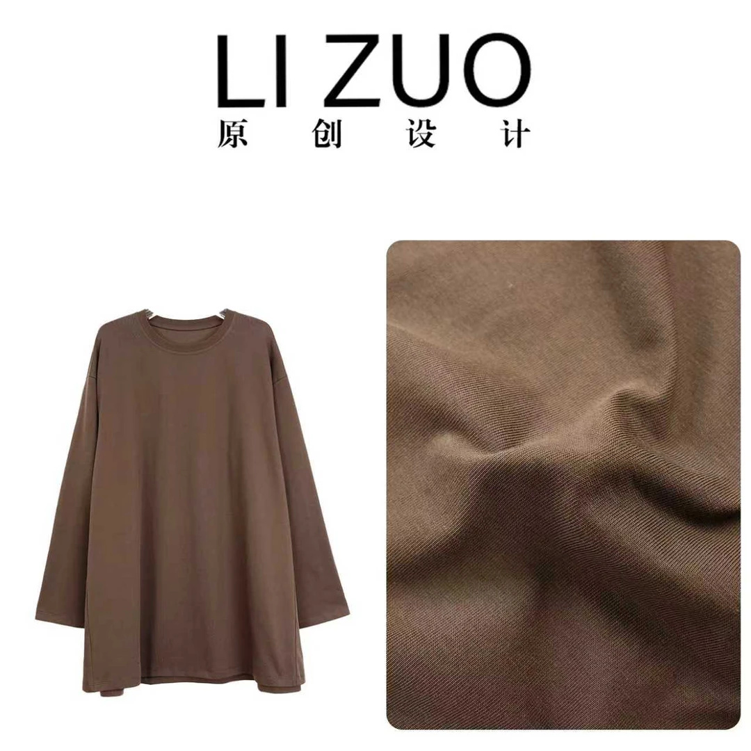 大码显瘦简约复古灵动纳维亚休闲百搭圆领落肩长袖T恤上衣女9889