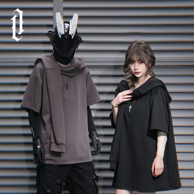 JIYEIND暗黑机能先锋连帽假两件短袖体恤男春季个性小众宽松上衣
