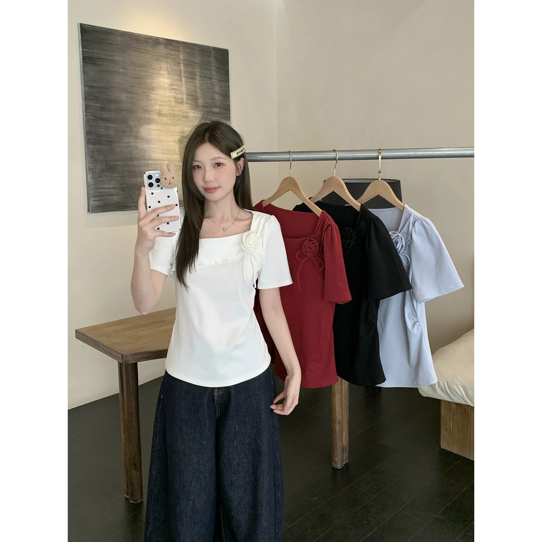 2025夏季大码女胖mm法式方领花朵短袖T恤甜美风正肩上衣64232