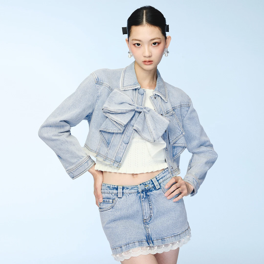 lefame拉飞姆2025秋季新款时尚气质百搭蓝色翻领蝴蝶结牛仔外套