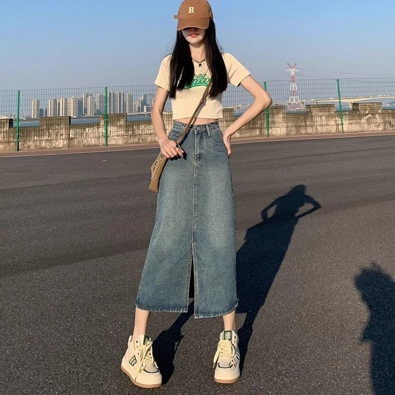 夏季辣妹法式短中长款牛仔西装百褶半身裙遮胯长裙【杂款女装链接】