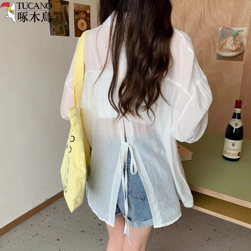 TUCANO/啄木鳥夏季薄款韩版防晒白衬衫小众宽松显瘦长袖衬衣外搭