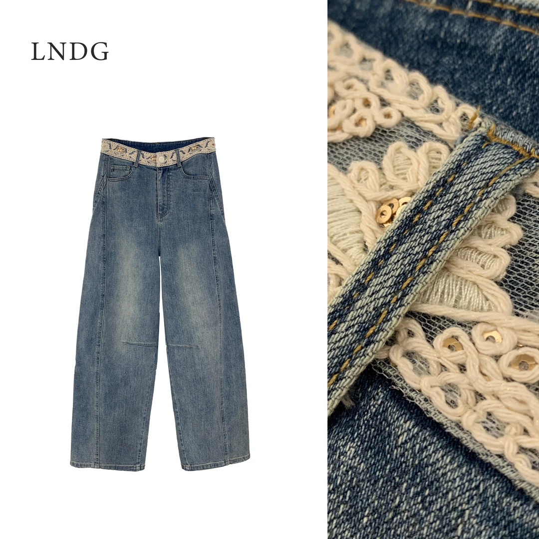 LNDG高端定制波西米亚风腰头拼蕾丝直筒牛仔裤LNDG0365