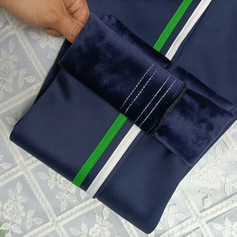 精品宝宝绒白绿双杠校服裤子藏蓝男女中小学生细厚绒白草绿条校裤