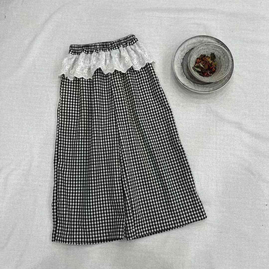 〖姐姐家】2025夏款儿童蕾丝边格子阔腿休闲裤bt5909